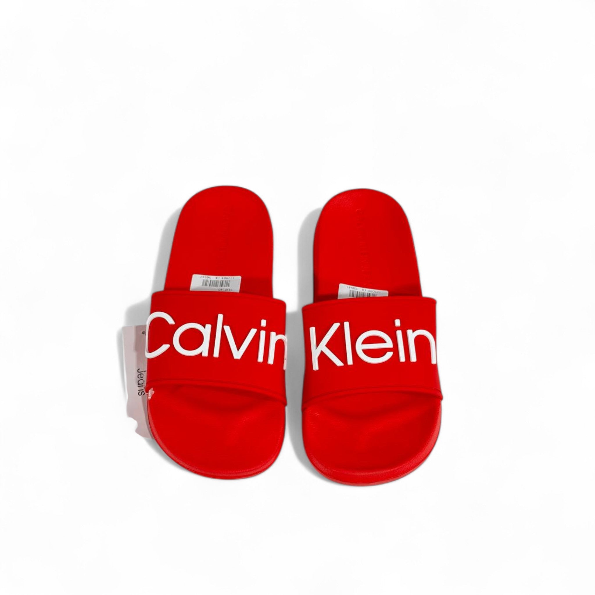 🔥 Calvin Klein Red Slides – Oversized White Logo Slippers