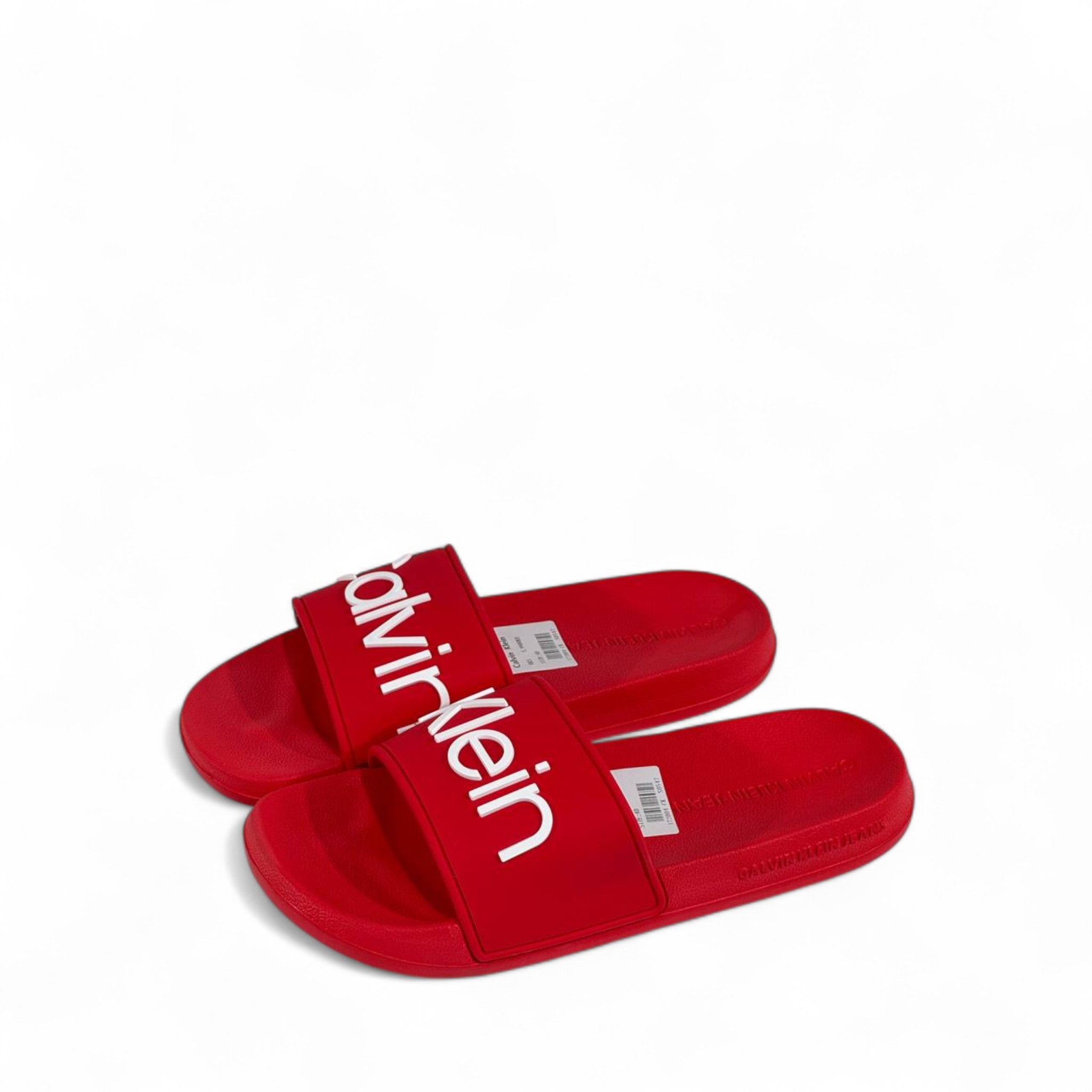 🔥 Calvin Klein Red Slides – Oversized White Logo Slippers