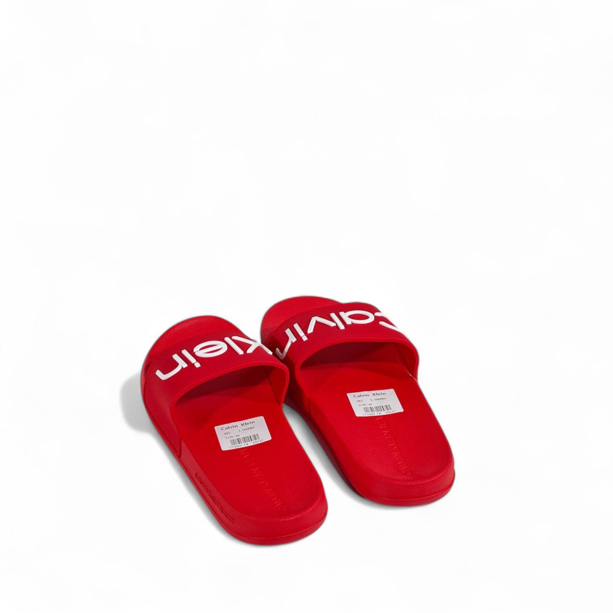🔥 Calvin Klein Red Slides – Oversized White Logo Slippers
