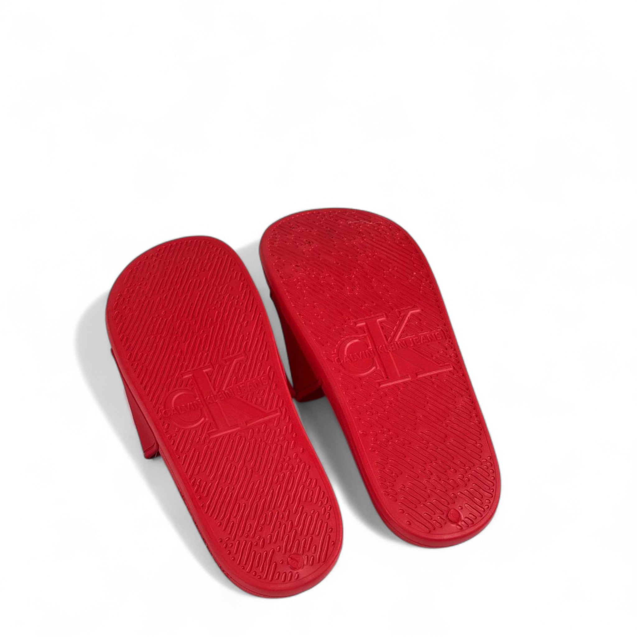 🔥 Calvin Klein Red Slides – Oversized White Logo Slippers