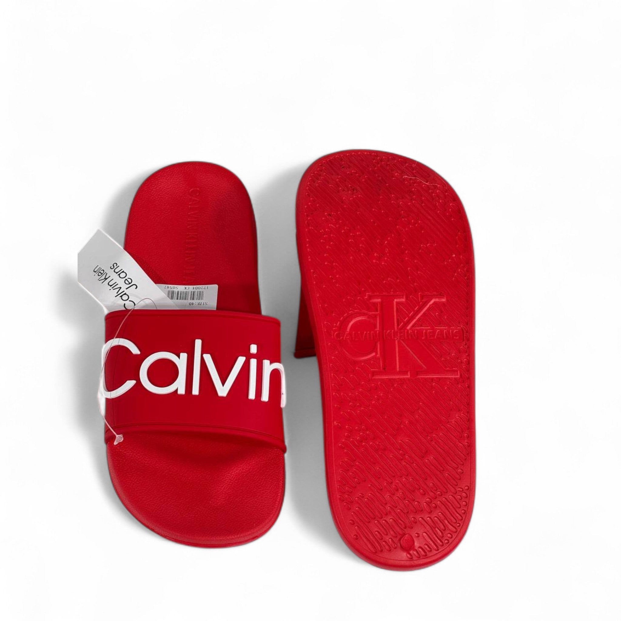 🔥 Calvin Klein Red Slides – Oversized White Logo Slippers