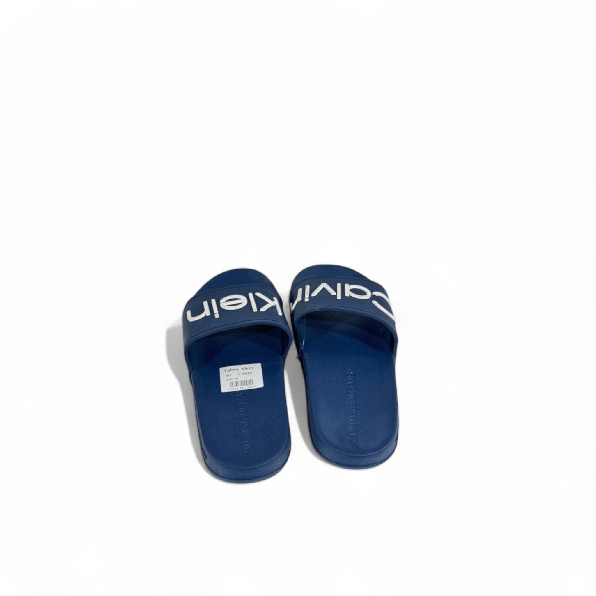 💙 Calvin Klein Navy Blue Slides – Oversized White Logo Slippers