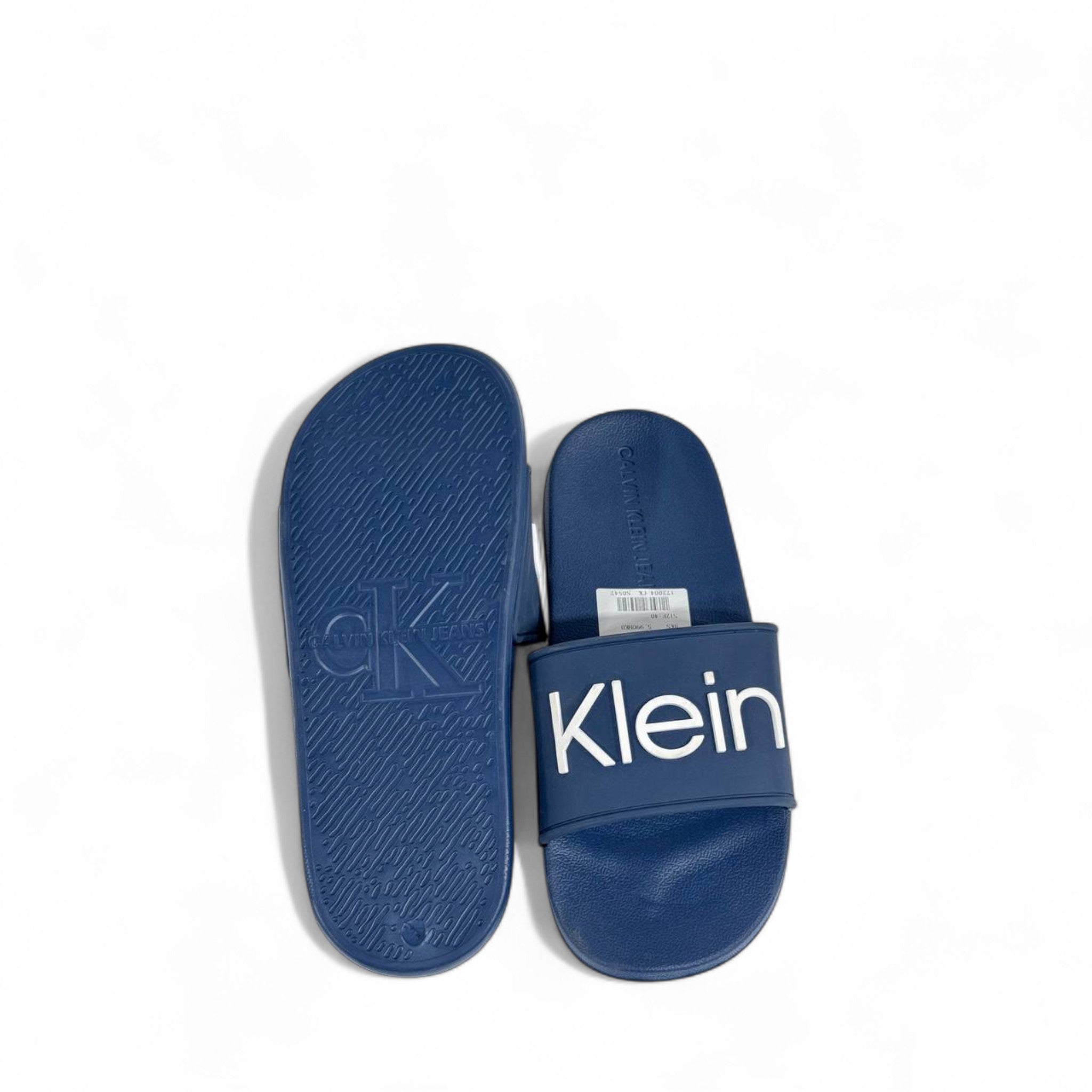 💙 Calvin Klein Navy Blue Slides – Oversized White Logo Slippers