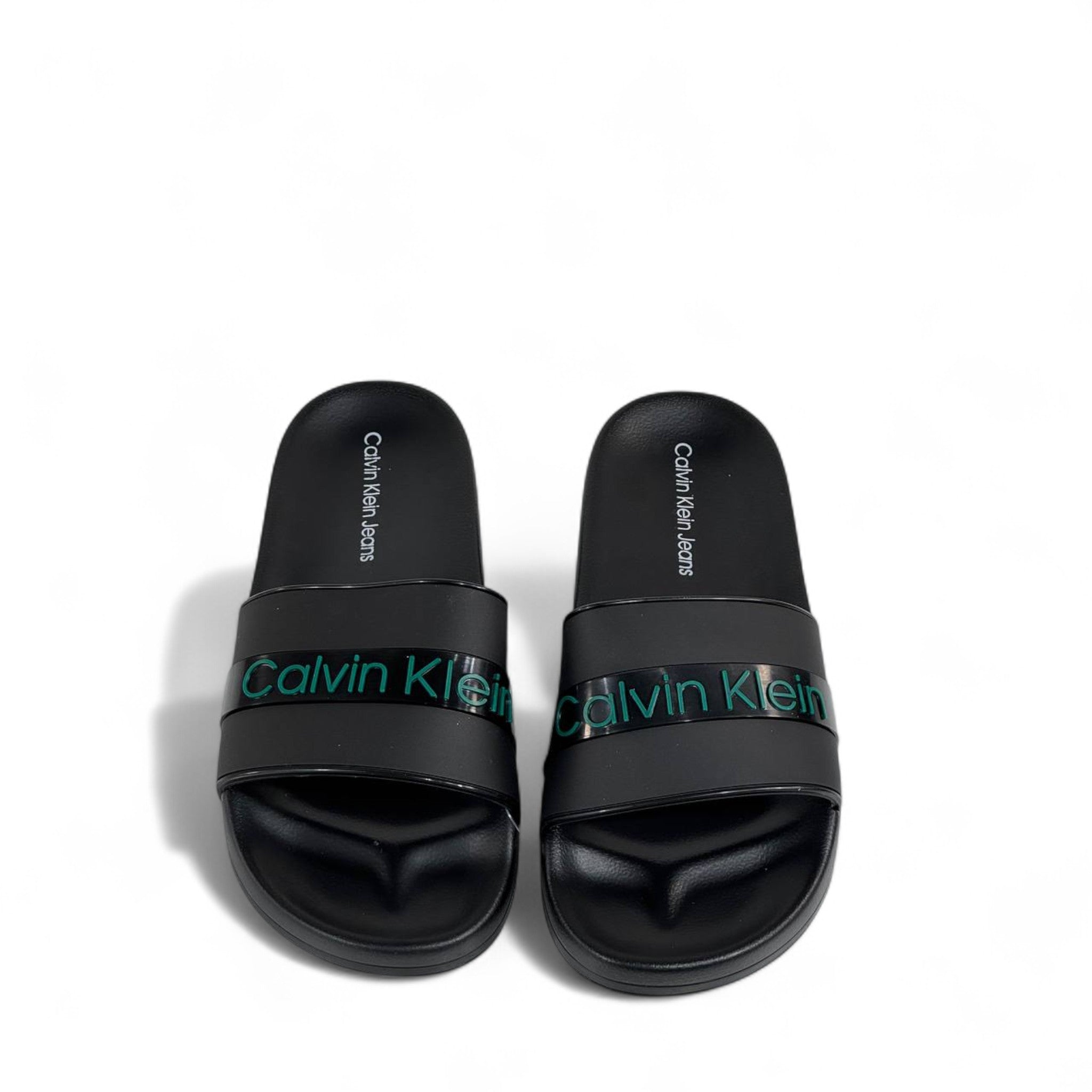 🖤 Calvin Klein Black Slides – Glossy Green Logo Band Slippers 💚