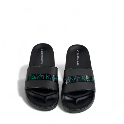 🖤 Calvin Klein Black Slides – Glossy Green Logo Band Slippers 💚
