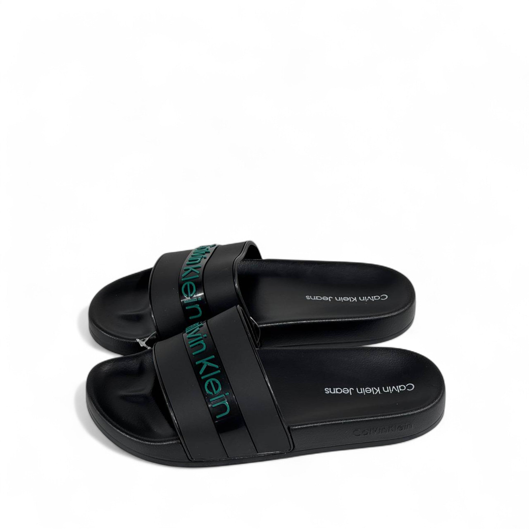 🖤 Calvin Klein Black Slides – Glossy Green Logo Band Slippers 💚
