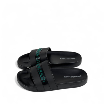 🖤 Calvin Klein Black Slides – Glossy Green Logo Band Slippers 💚