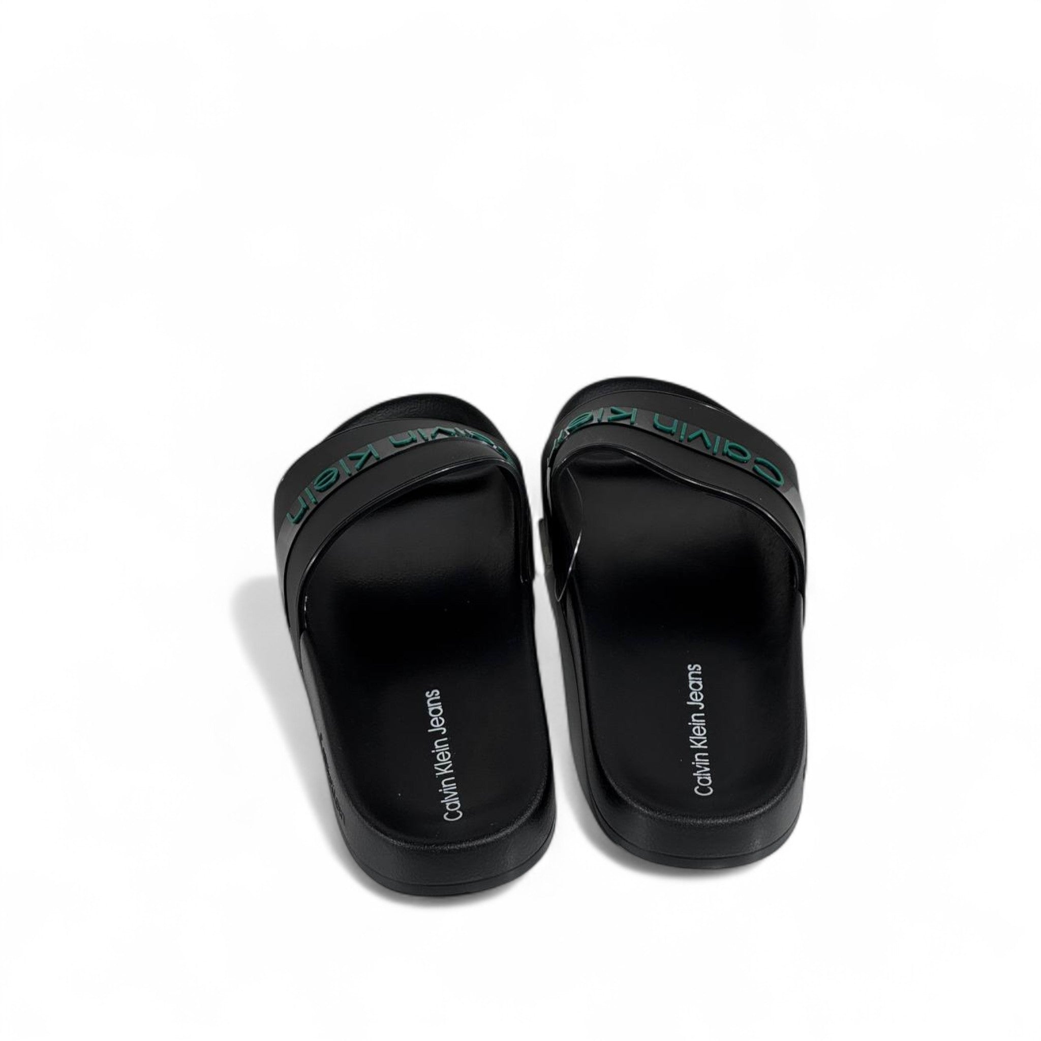 🖤 Calvin Klein Black Slides – Glossy Green Logo Band Slippers 💚