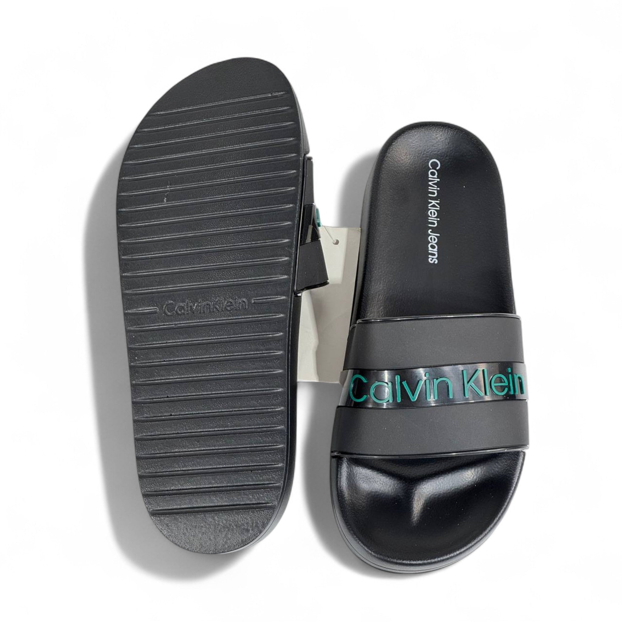 🖤 Calvin Klein Black Slides – Glossy Green Logo Band Slippers 💚