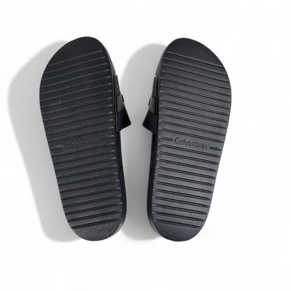 🖤 Calvin Klein Black Slides – Glossy Green Logo Band Slippers 💚