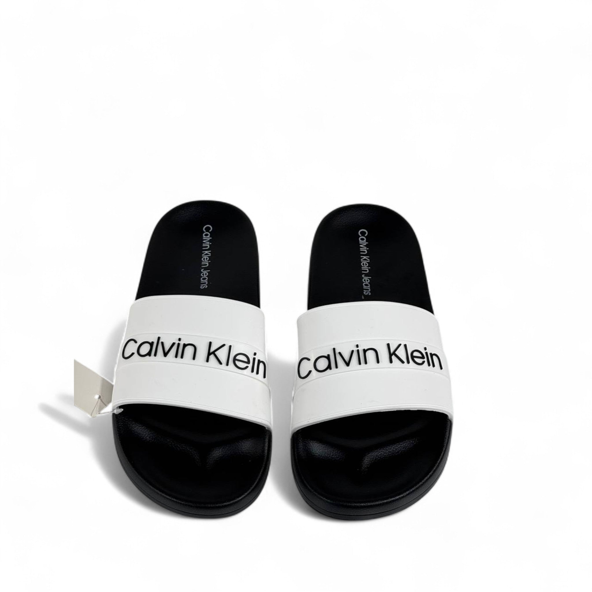 ⚪ Calvin Klein White Strap Slides – Black Sole Comfort Slippers 🖤