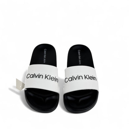 ⚪ Calvin Klein White Strap Slides – Black Sole Comfort Slippers 🖤