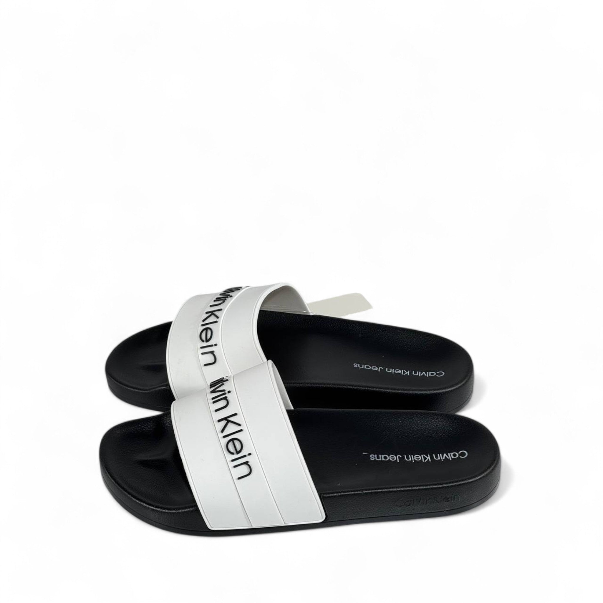 ⚪ Calvin Klein White Strap Slides – Black Sole Comfort Slippers 🖤