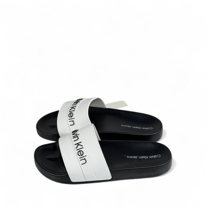 ⚪ Calvin Klein White Strap Slides – Black Sole Comfort Slippers 🖤