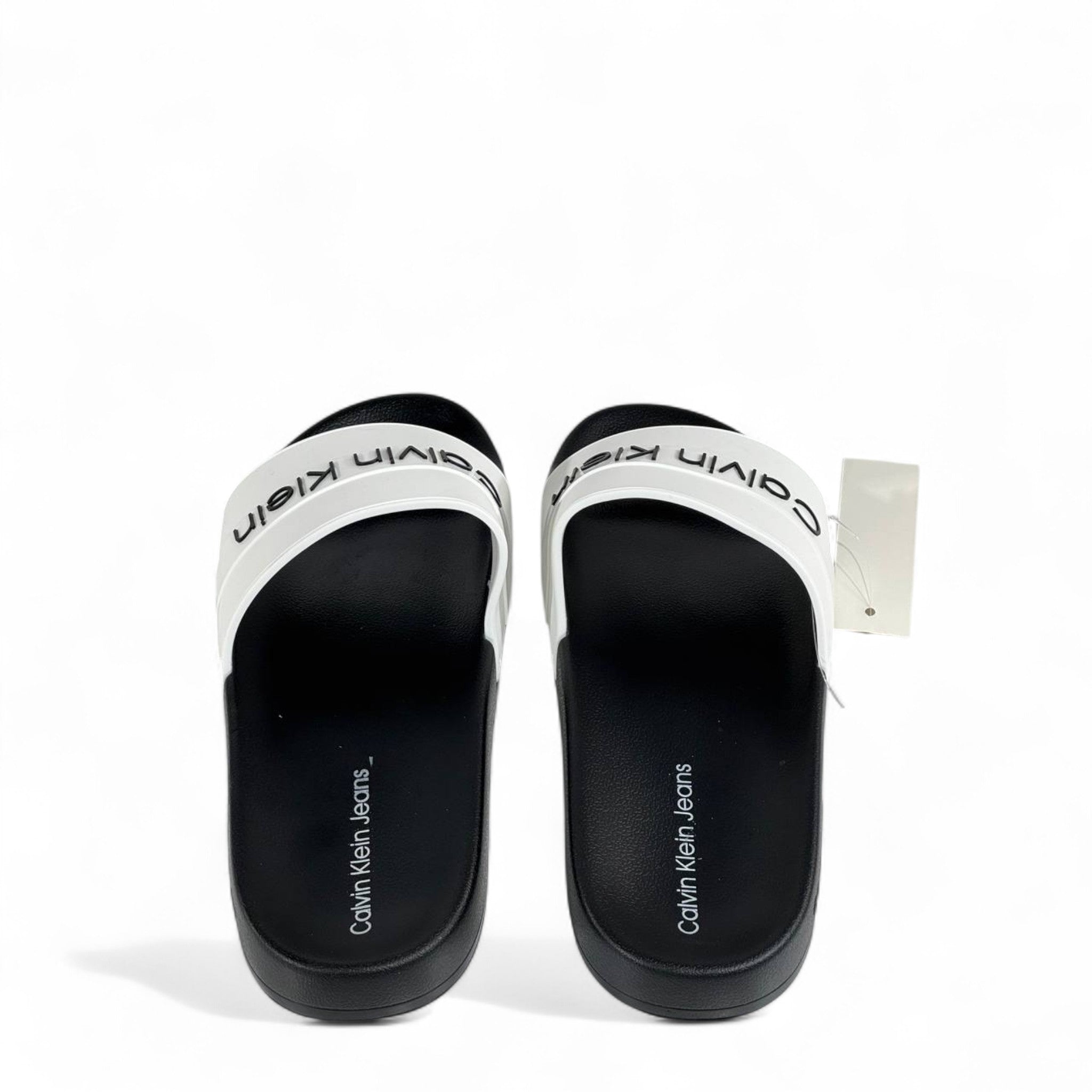 ⚪ Calvin Klein White Strap Slides – Black Sole Comfort Slippers 🖤