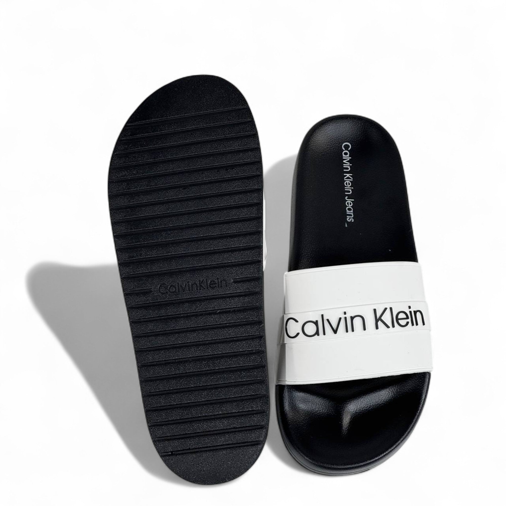 ⚪ Calvin Klein White Strap Slides – Black Sole Comfort Slippers 🖤
