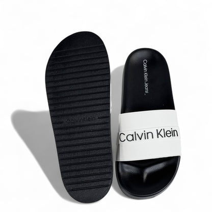 ⚪ Calvin Klein White Strap Slides – Black Sole Comfort Slippers 🖤