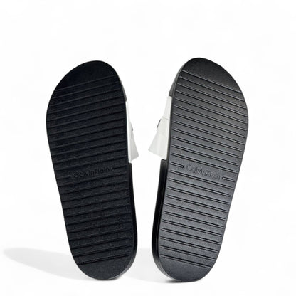 ⚪ Calvin Klein White Strap Slides – Black Sole Comfort Slippers 🖤