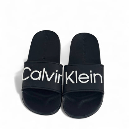 ⚫ Calvin Klein Black Slides – Oversized White Logo Slippers 🤍