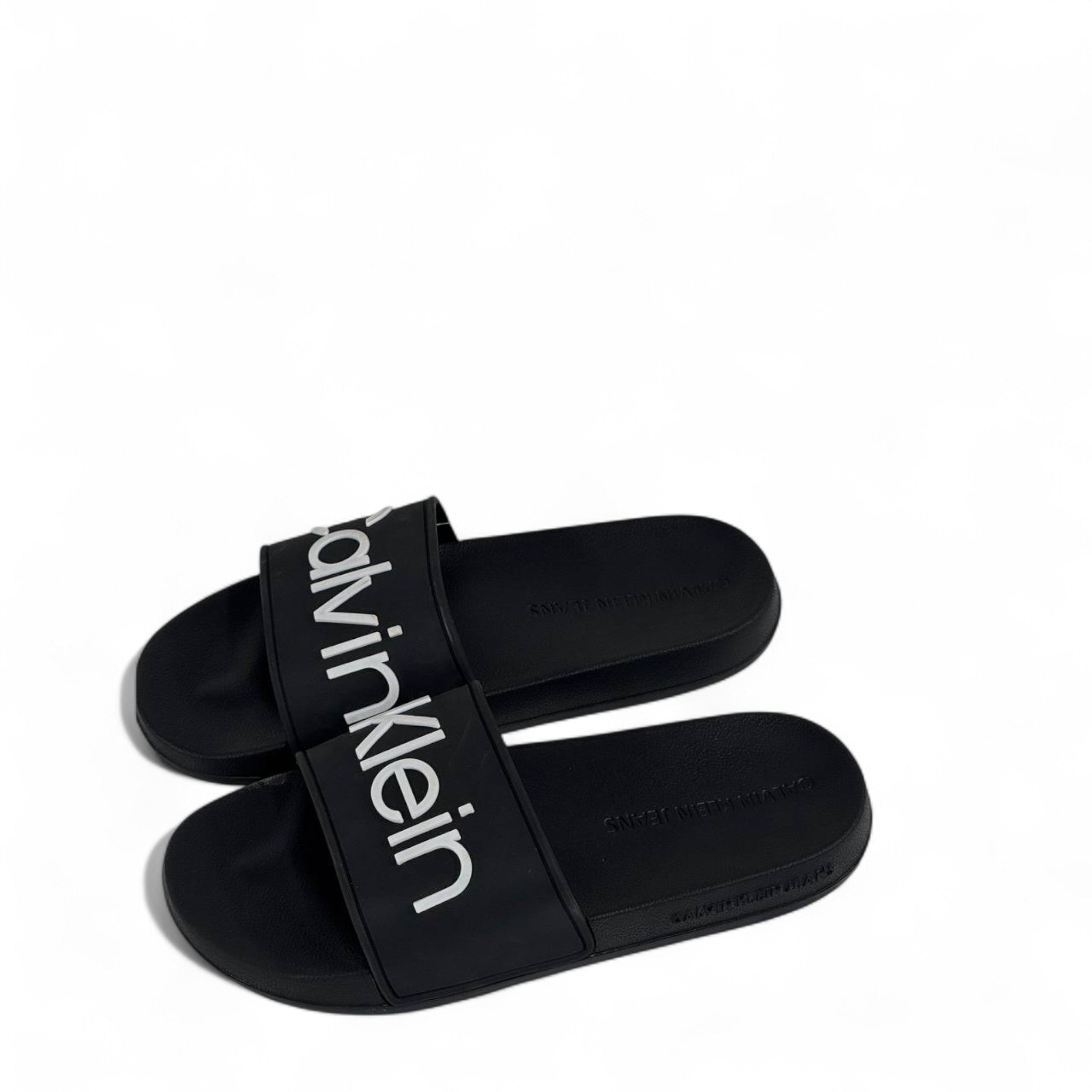 ⚫ Calvin Klein Black Slides – Oversized White Logo Slippers 🤍