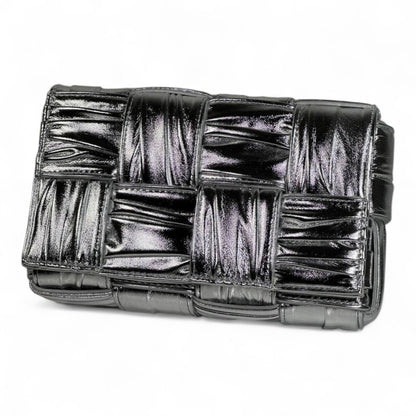 Bottega Veneta-Inspired Metallic Woven Shoulder Bag – Black Chrome ✨🖤