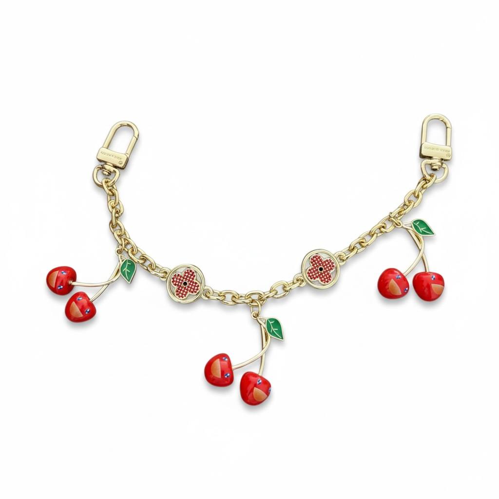 Louis Vuitton Cherry Bag Charm – Gold Chain with Red Enamel Cherries 🍒✨