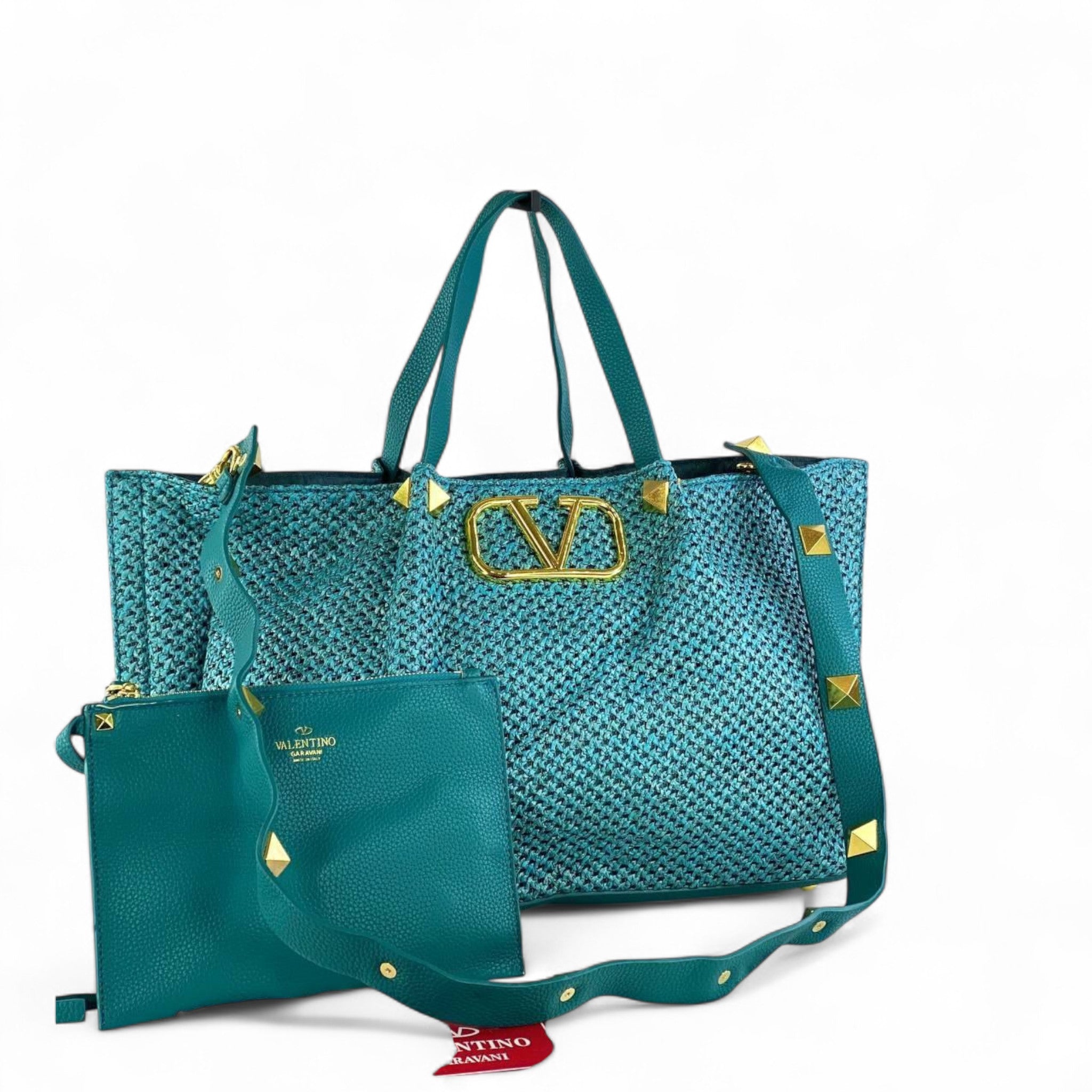 Valentino Garavani Woven Tote – Teal Dream with Gold Rockstuds 💚✨