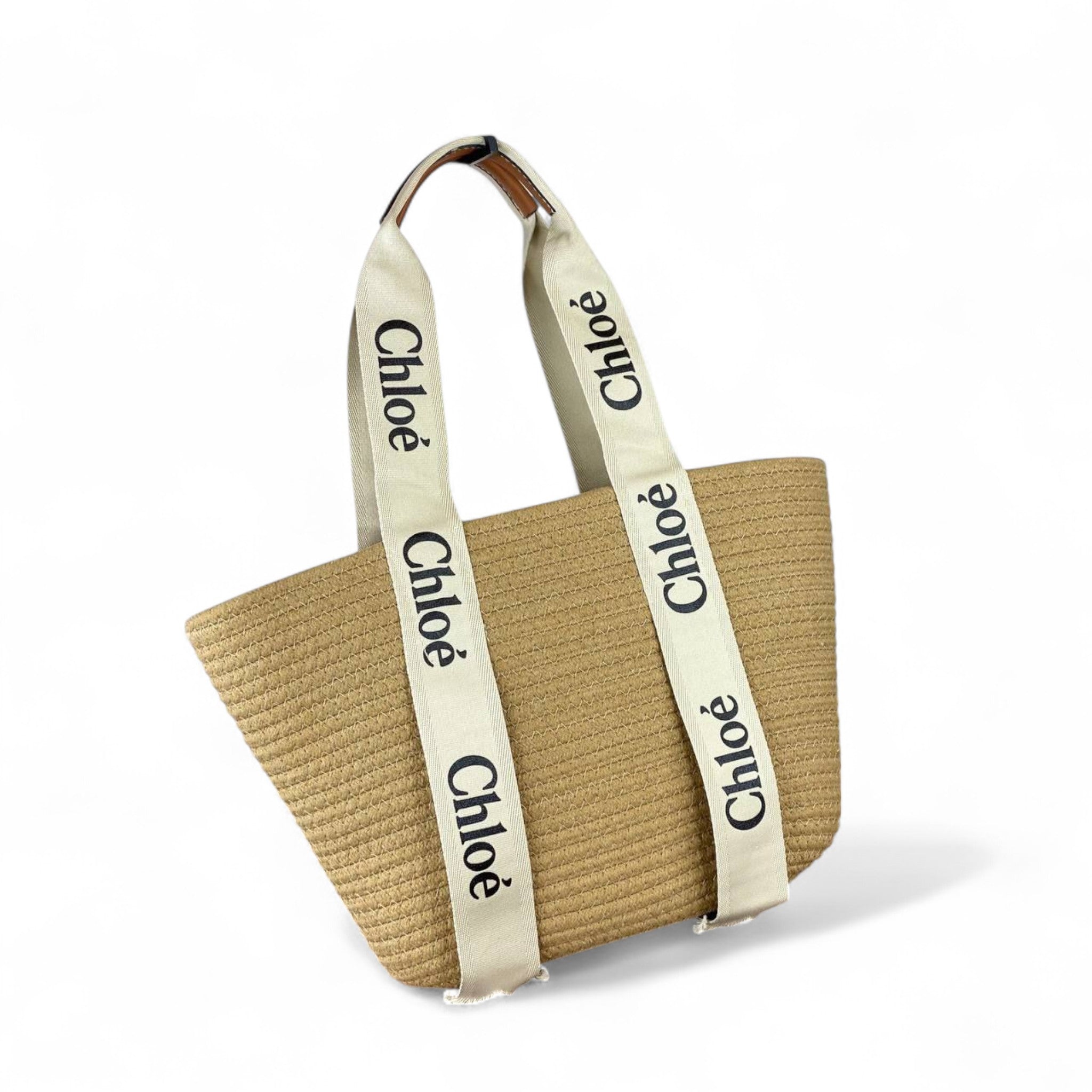 Chloé Woody Raffia Tote – Natural Straw with Logo Canvas Straps 🤍🌾