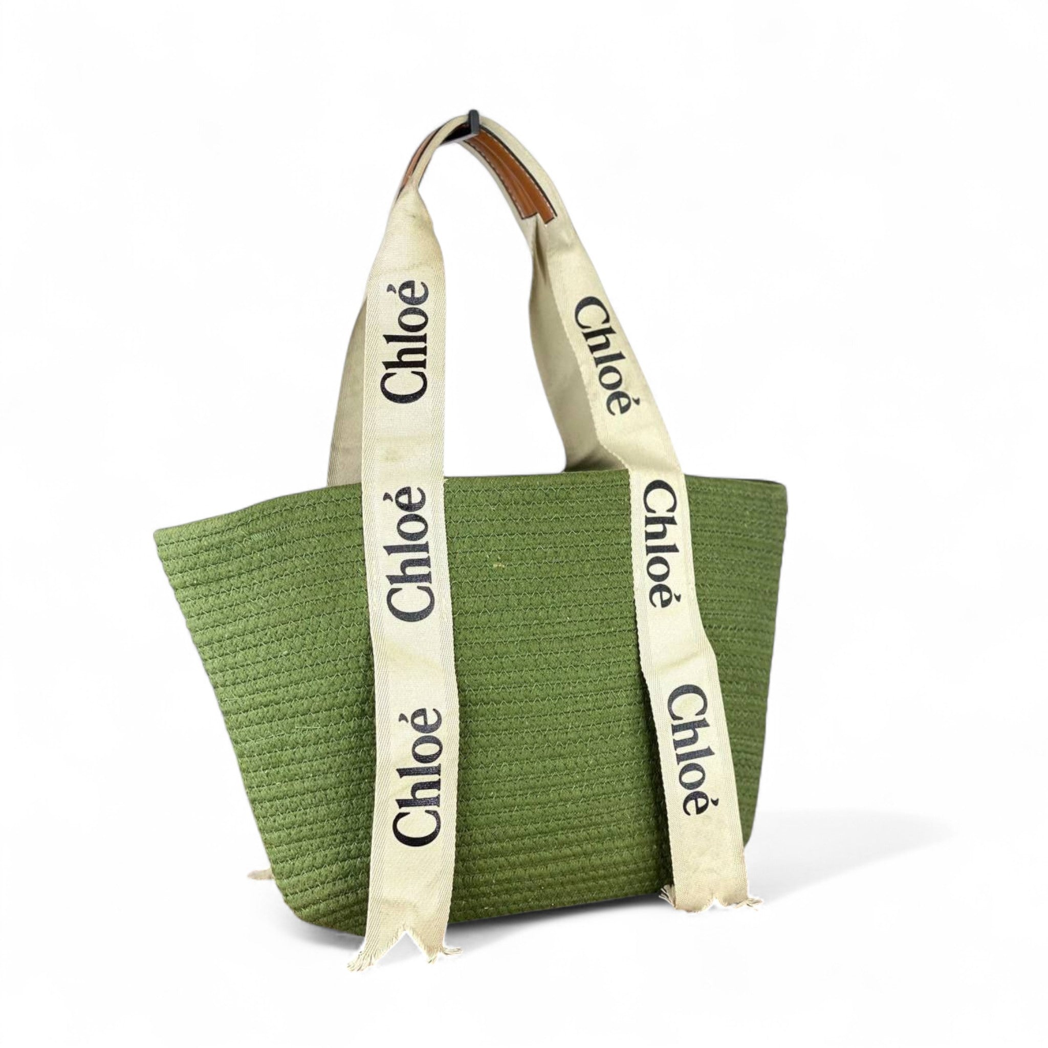 Chloé Woody Raffia Tote – Olive Green with Signature Logo Straps 🌿👜