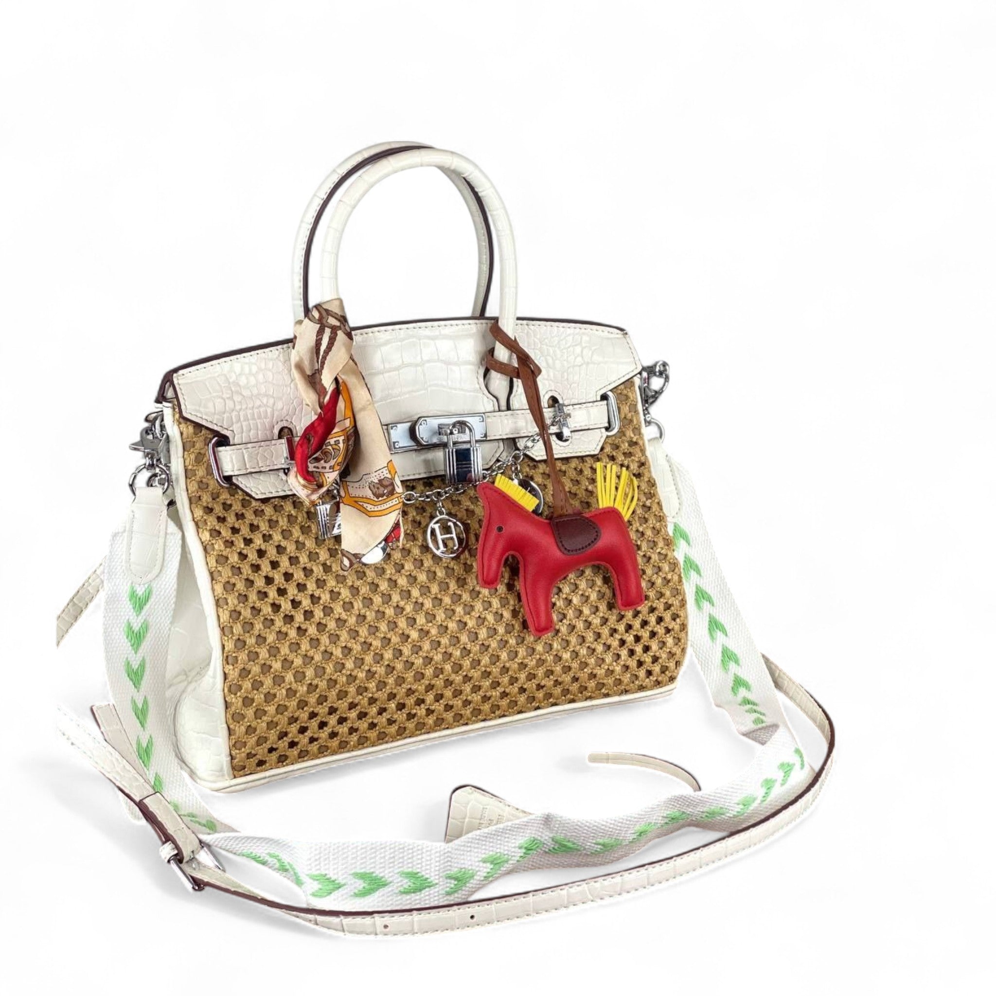 Hermès-Style Woven Leather Handbag – White Croc Trim & Charms 🐎✨