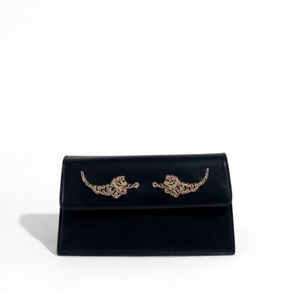 🐅 Roberto Cavalli Black Leather Clutch – Gold Embroidered Tigers ✨ | Luxury Women’s Evening Bag