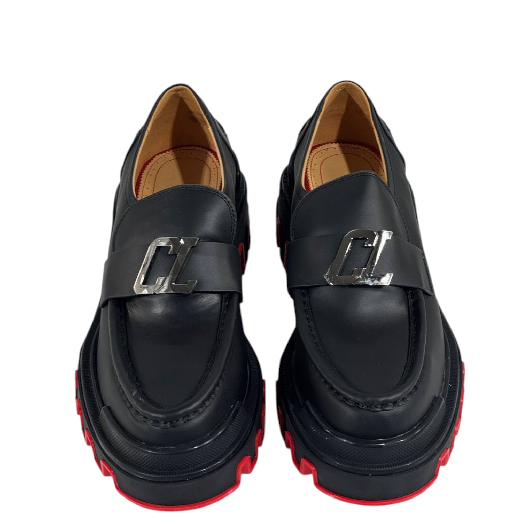 🔥 Christian Louboutin CL Loafers – Black Leather with Red Chunky Sole 👞✨