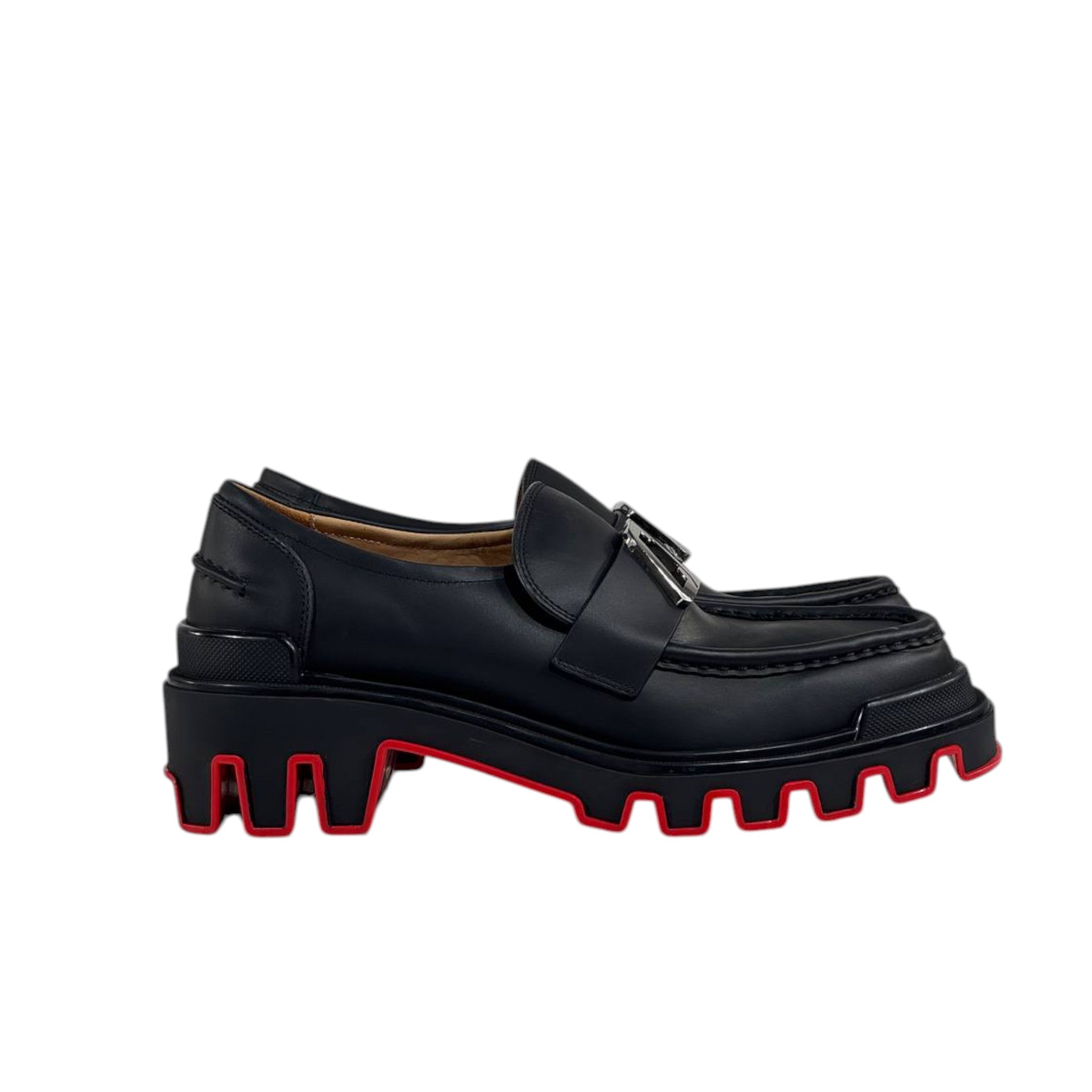 🔥 Christian Louboutin CL Loafers – Black Leather with Red Chunky Sole 👞✨
