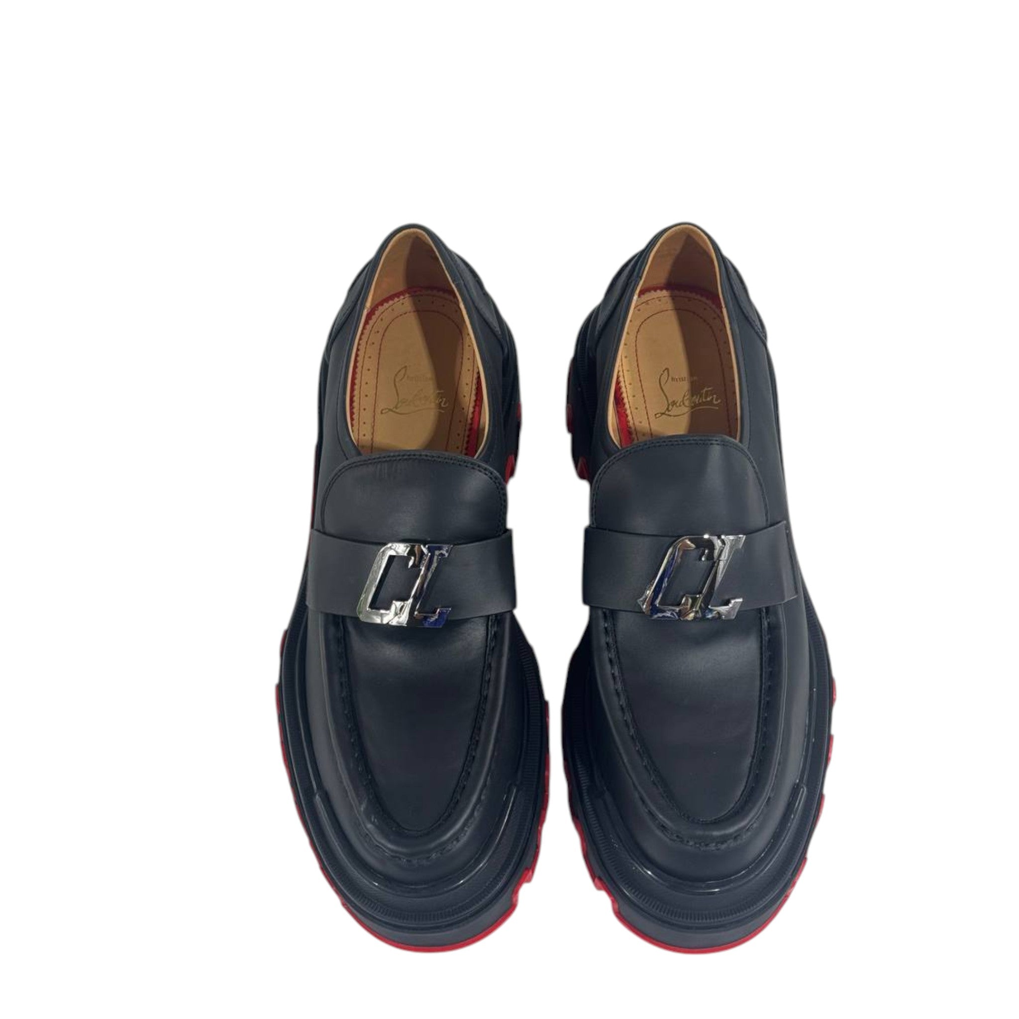 🔥 Christian Louboutin CL Loafers – Black Leather with Red Chunky Sole 👞✨