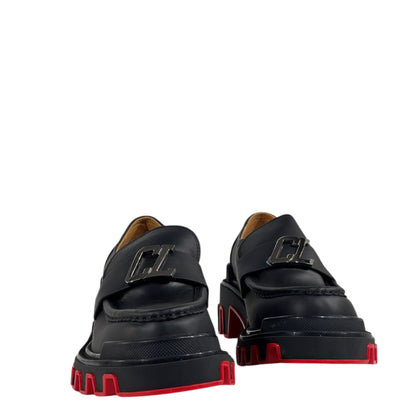 🔥 Christian Louboutin CL Loafers – Black Leather with Red Chunky Sole 👞✨