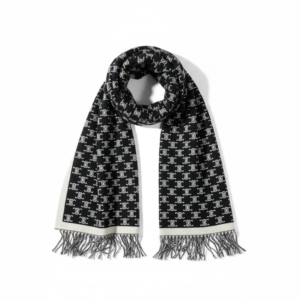 CELINE Double-Face Triomphe Jacquard Scarf – Black & Cream