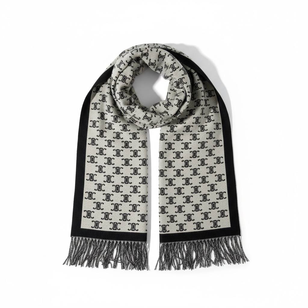 CELINE Double-Face Triomphe Jacquard Scarf – Black & Cream