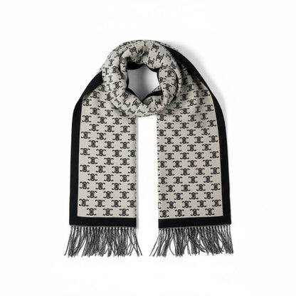 CELINE Double-Face Triomphe Jacquard Scarf – Black & Cream