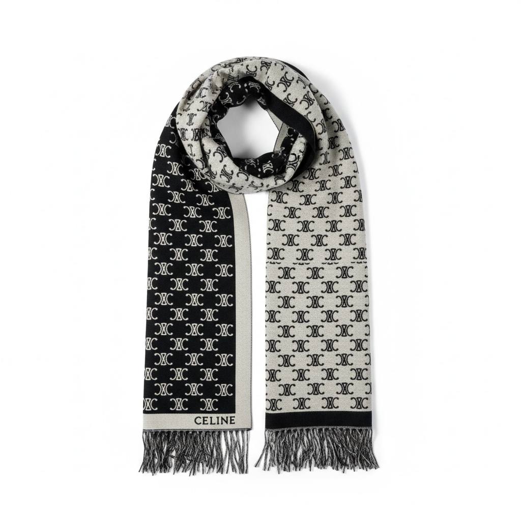 CELINE Double-Face Triomphe Jacquard Scarf – Black & Cream
