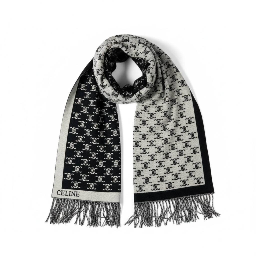 CELINE Double-Face Triomphe Jacquard Scarf – Black & Cream