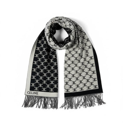 CELINE Double-Face Triomphe Jacquard Scarf – Black & Cream