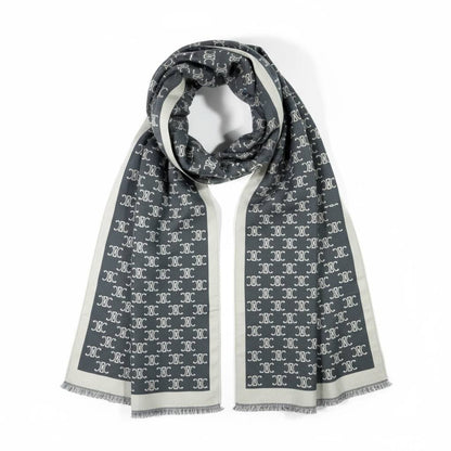 🧣✨ Celine Double-Face Triomphe Monogram Scarf – Grey × Off-White | Premium Winter Luxury