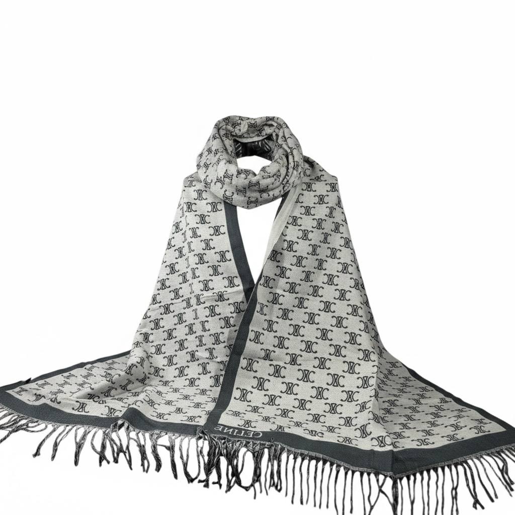 🧣✨ Celine Double-Face Triomphe Monogram Scarf – Grey × Off-White | Premium Winter Luxury