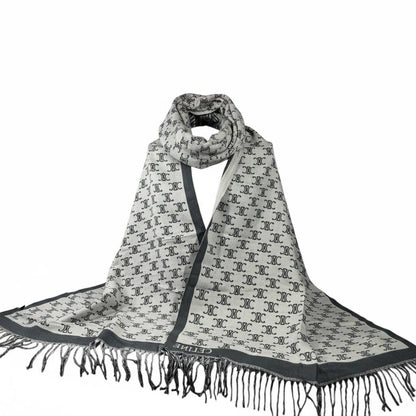 🧣✨ Celine Double-Face Triomphe Monogram Scarf – Grey × Off-White | Premium Winter Luxury