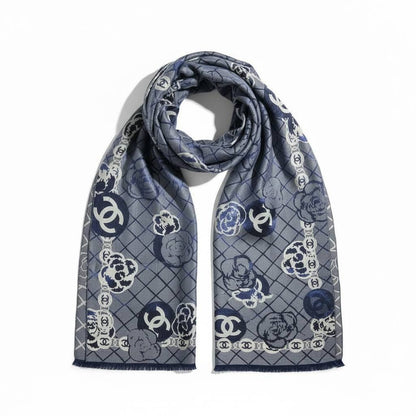 🟦✨ CHANEL Camellia & CC Pattern Luxury Winter Scarf – Blue Elegance