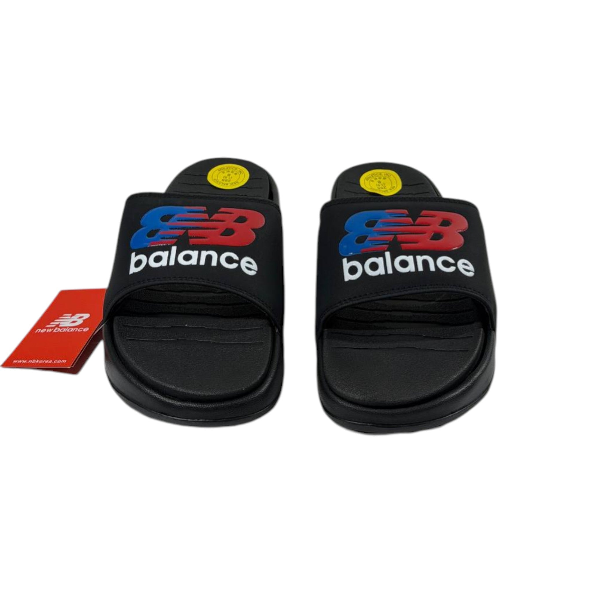 🔥 New Balance Black Icon Slides – Bold Sport Energy 🖤❤️💙