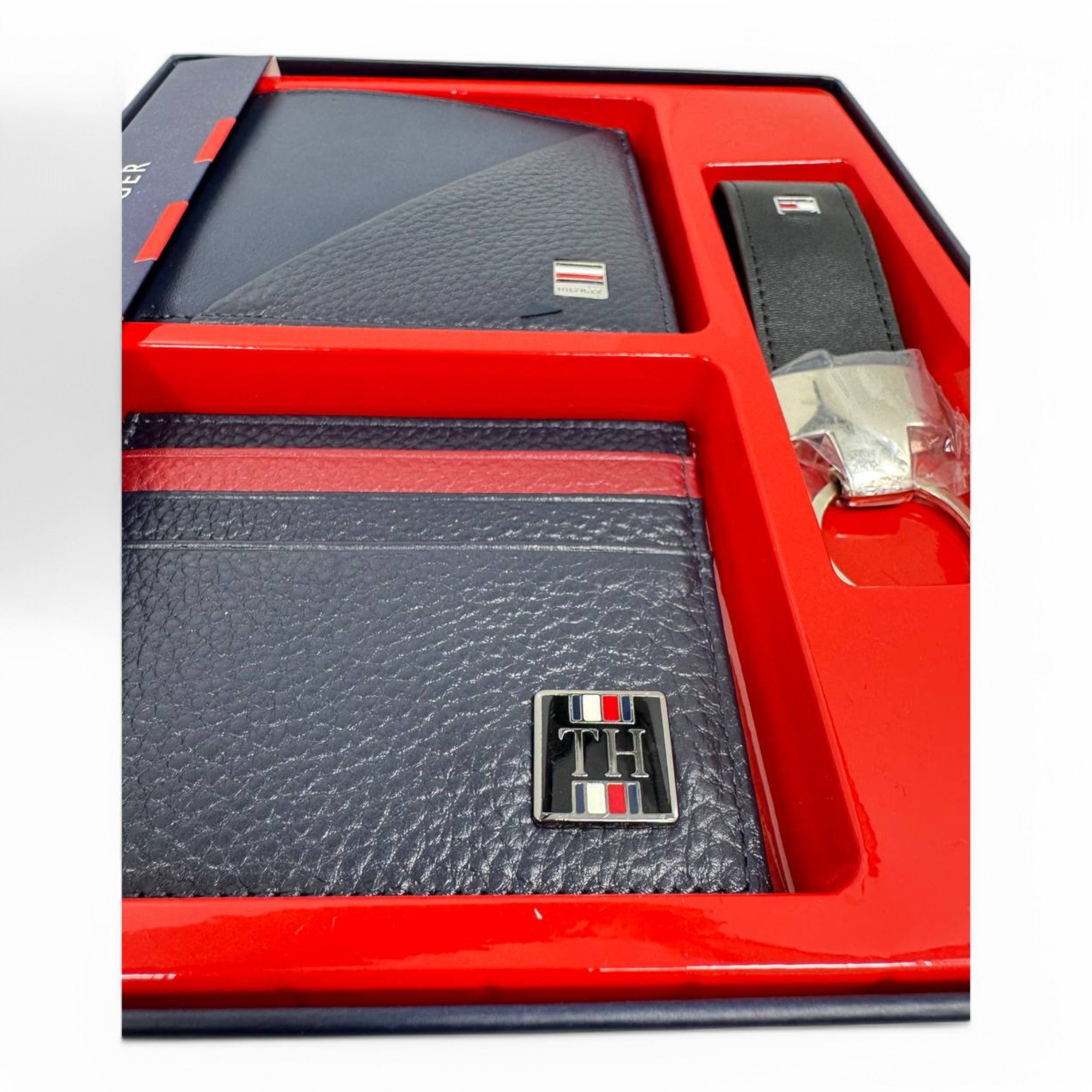 Tommy Hilfiger Navy Blue Leather Wallet & Keychain Gift Set