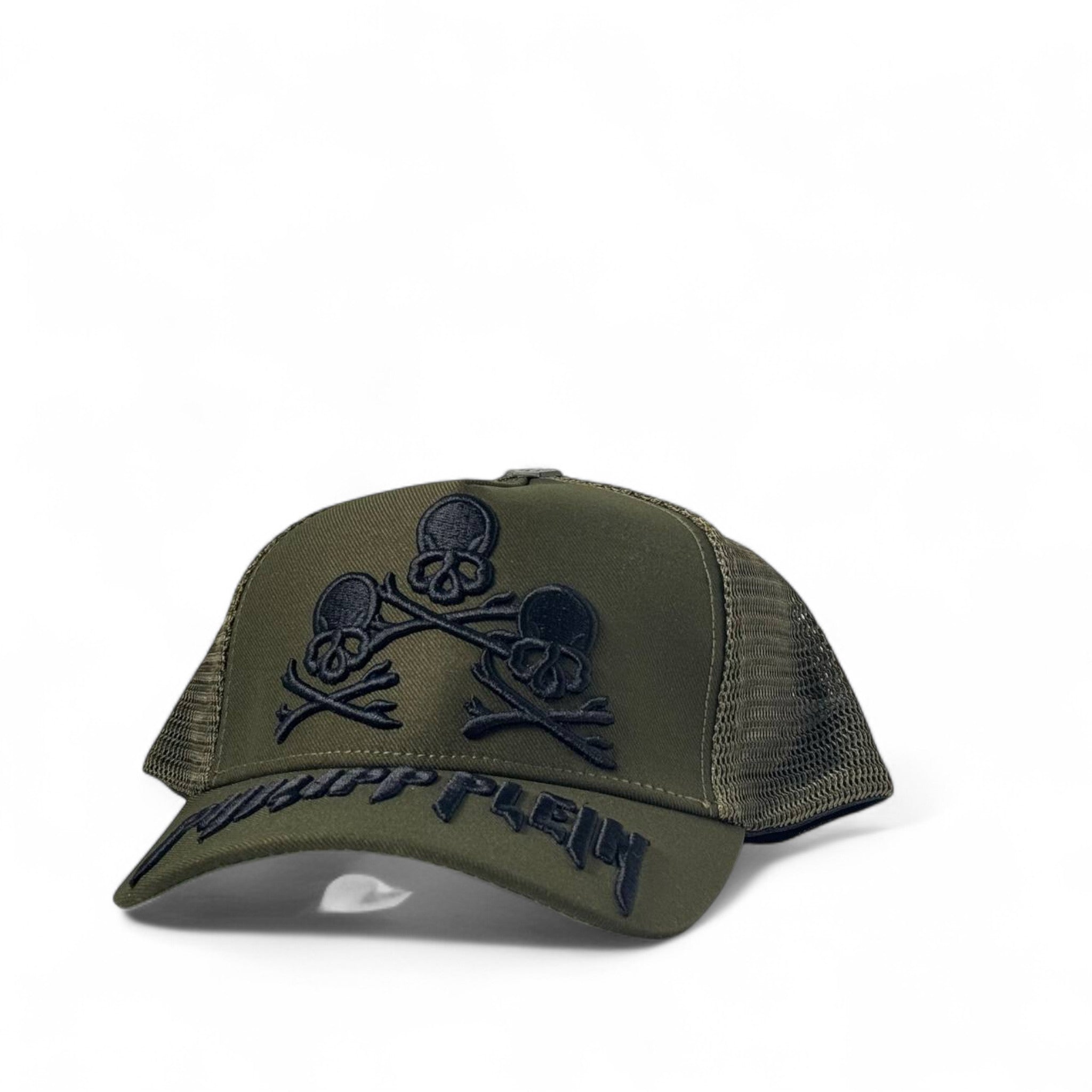 Philipp Plein Skull Trio Cap 💀🪖 | Military Green Trucker Hat