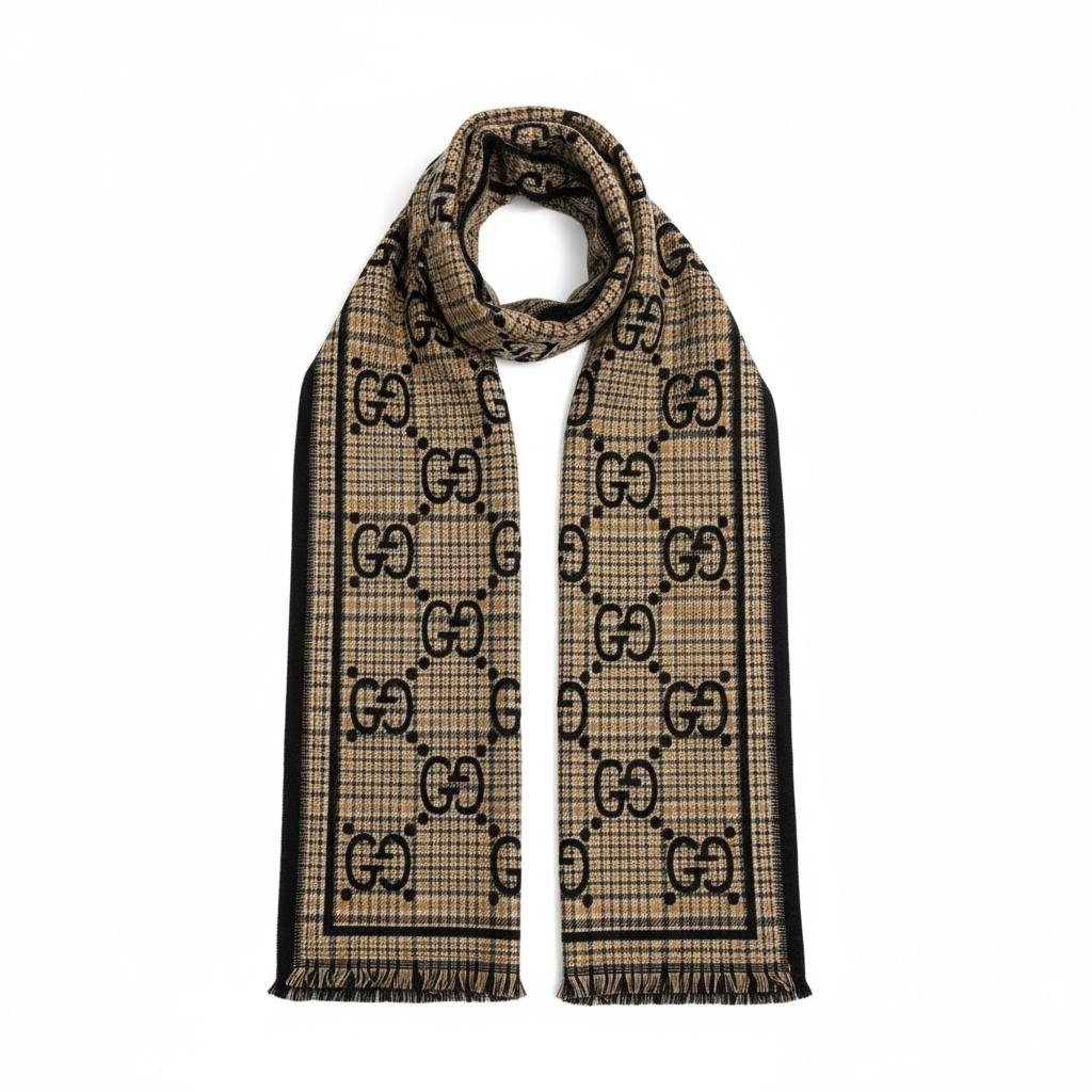 Gucci Double-Face Jacquard GG Scarf – Black & Gold / Beige Reversible | Luxury Winter Collection