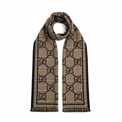 Gucci Double-Face Jacquard GG Scarf – Black & Gold / Beige Reversible | Luxury Winter Collection